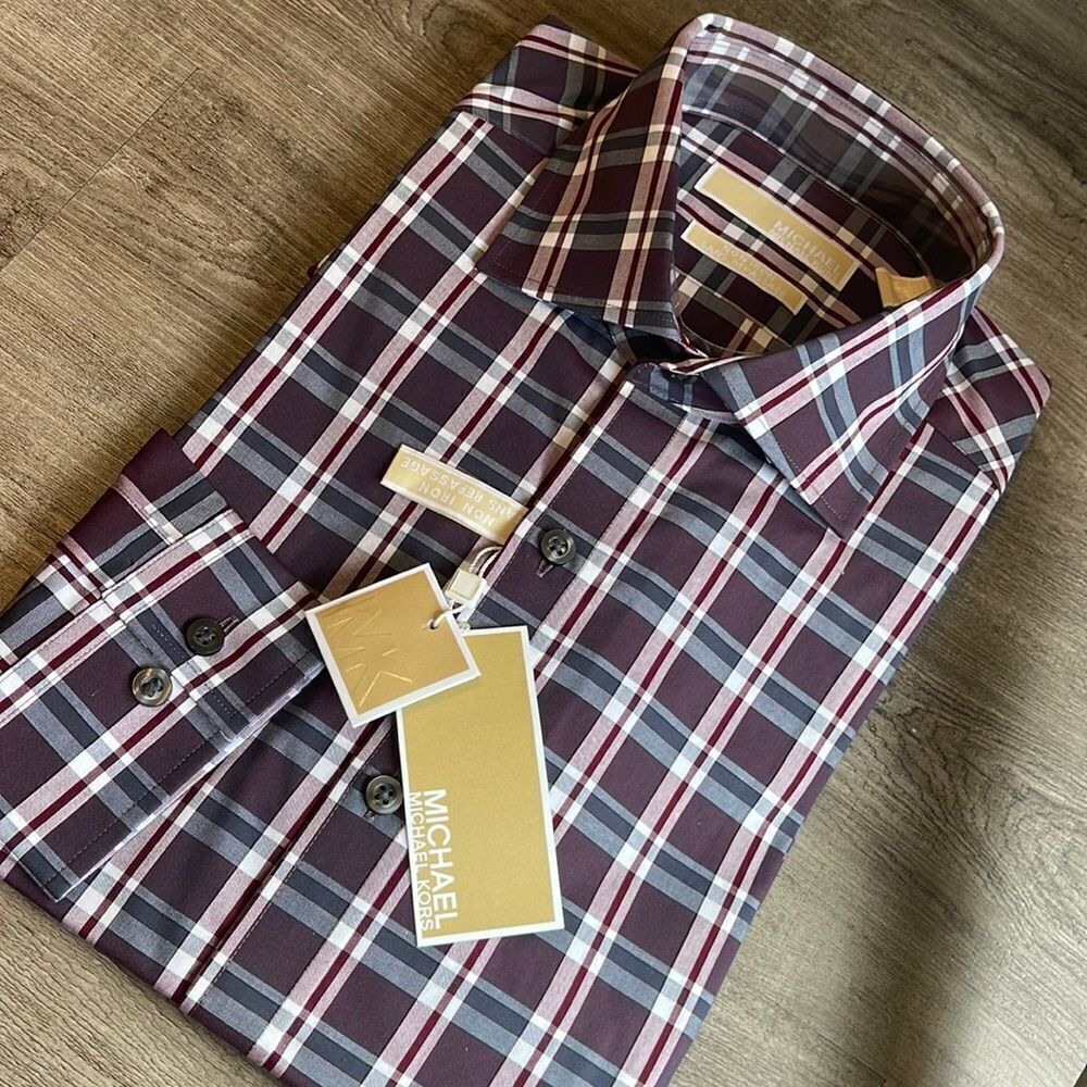 Michael Michael Kors Slim Fit Plaid Non-Iron Dress Shirt-BURGANDY-15.5-34/35